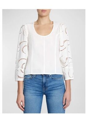 7 For All Mankind Eyelet Balloon Sleeve Cotton Top in White - Women’s Small